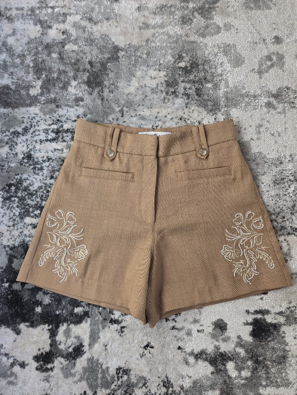Sam Edelman Tan Embroidered High-Waist Shorts